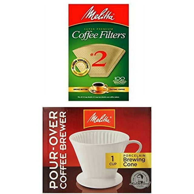 Melitta Porcelain #2 Pour-Over Manual Cone Coffee Brewer with 100 Extra Natural Brown Filters