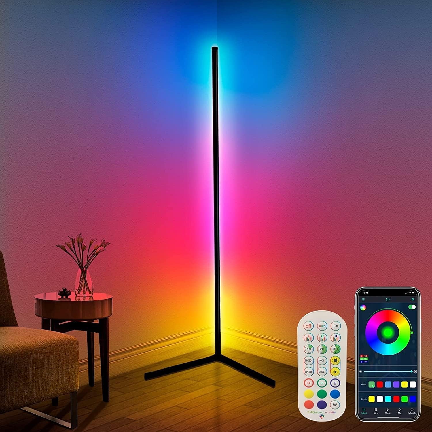 Melknoiy 60" Modern Remote Control Black Corner Floor Lamp