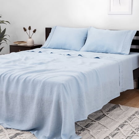 Mellanni 100% Flax Linen 4-Piece 135 GSM Blue Linen Sheet Set, King - Deep Pocket