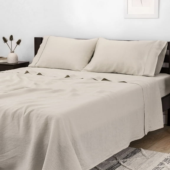Mellanni 100% Flax Linen 4-Piece 135 GSM Natural Linen Sheet Set, Queen - Deep Pocket