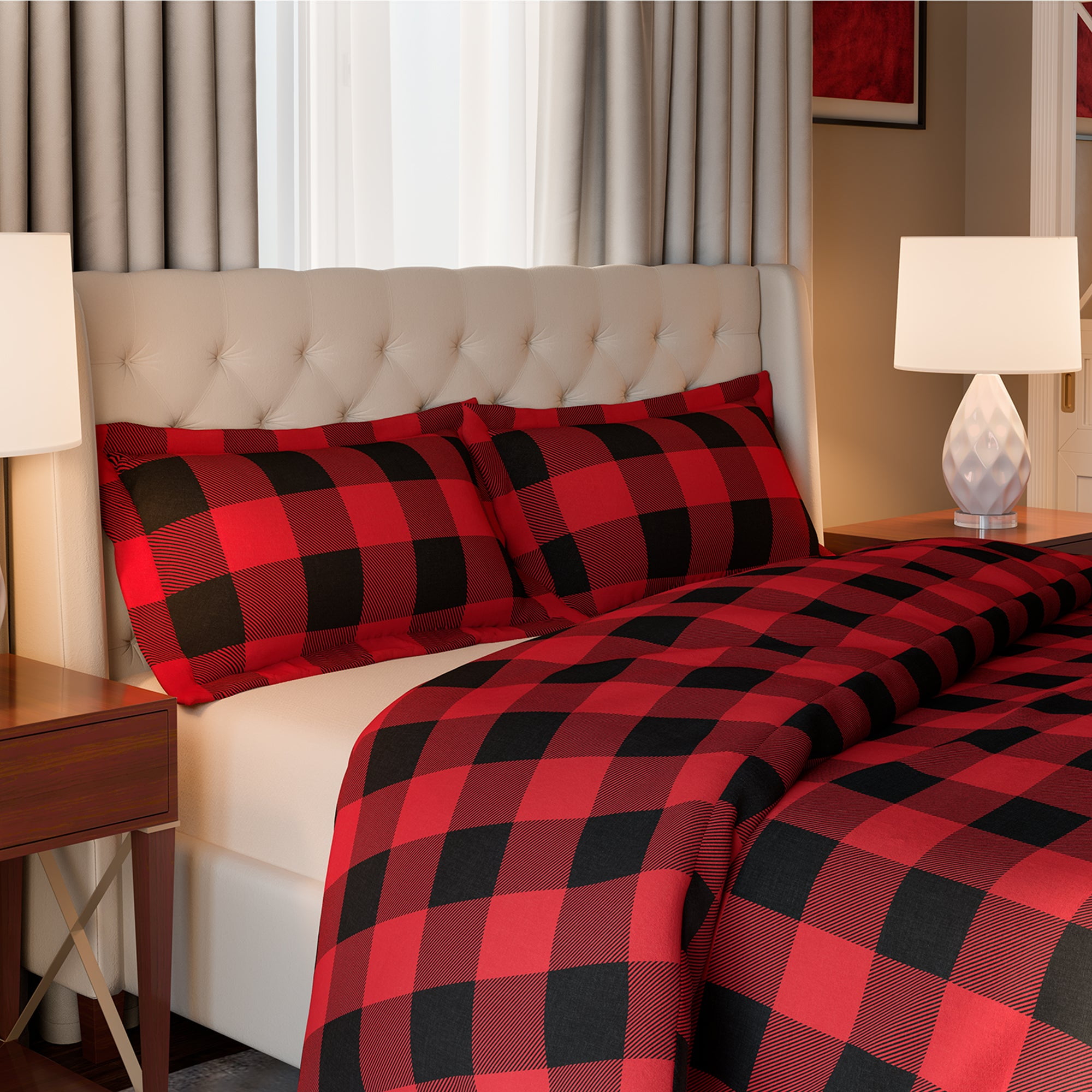 Mellanni 100 Organic Cotton 3Piece Red Buffalo Check Flannel Duvet