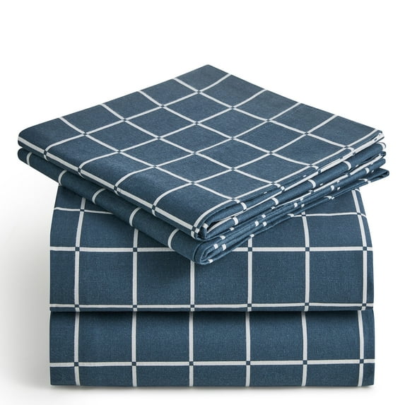 Mellanni 4 Piece Bed Sheet Set 180GSM Heavyweight Cotton Flannel Deep Pocket, Queen, Blue Windowpane