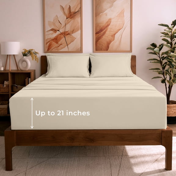 Mellanni 6 Piece Bed Sheet Set Brushed Microfiber, Extra Deep Pocket, Queen, Beige