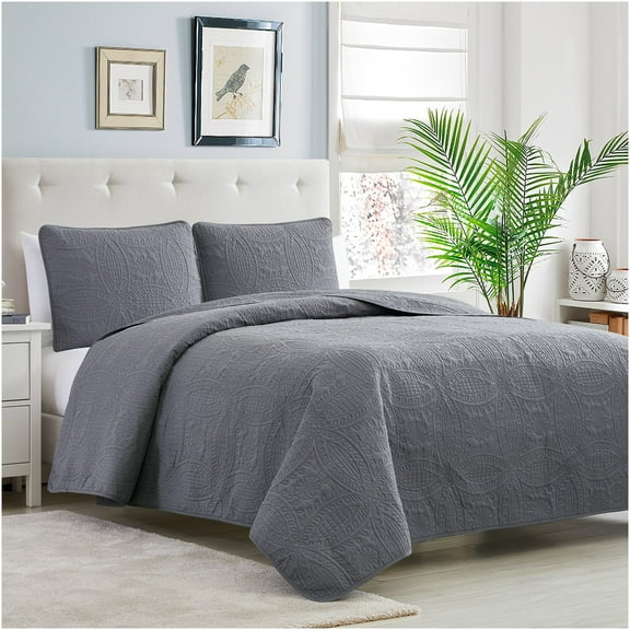 Mellanni Bedspread Coverlet Set Gray - Reversible Bedding Cover - Oversized Quilt Set, 3 Piece, King / Cal King, Gray