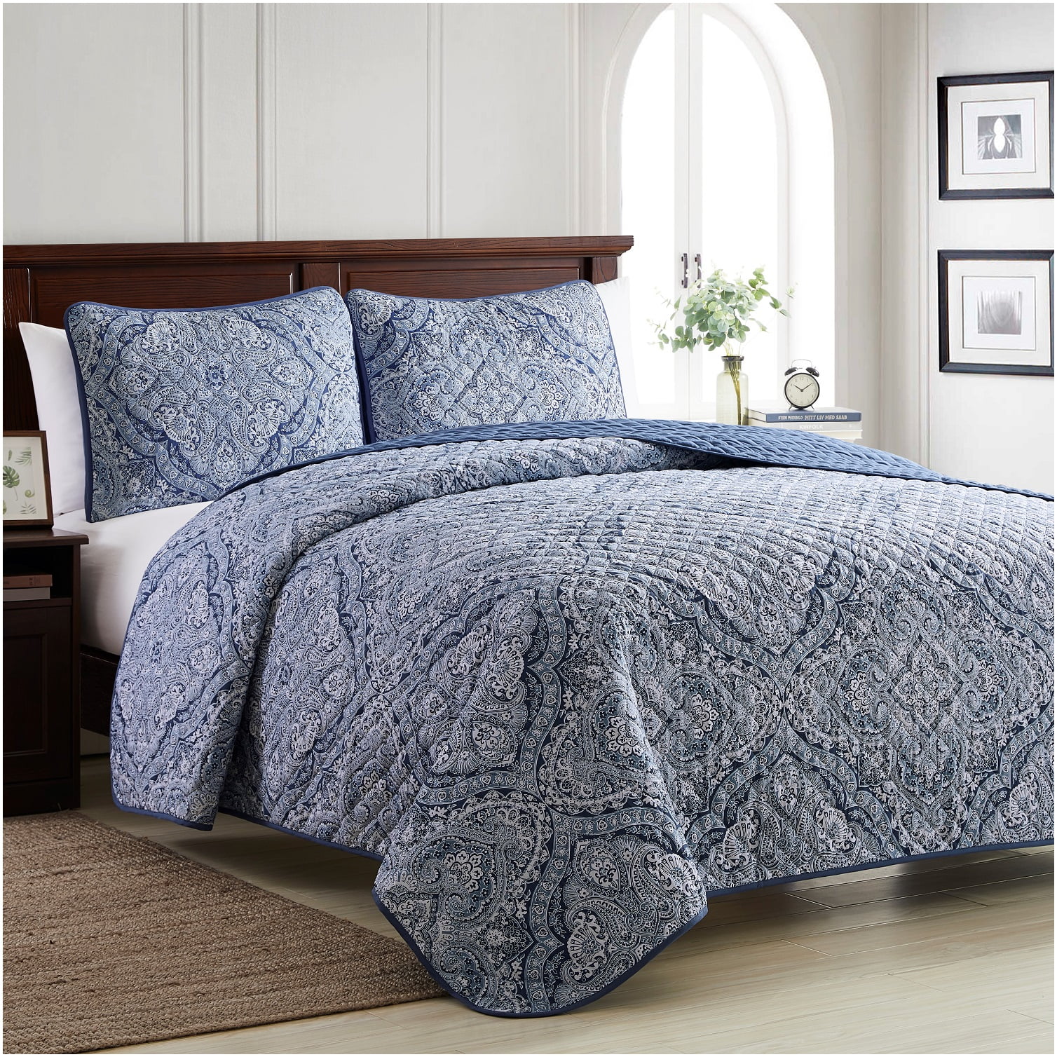 Mellanni Bedspread Coverlet Set Medallion Blue Reversible Bedding
