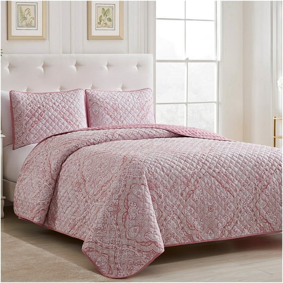 Mellanni Bedspread Coverlet Set Medallion Coral - Reversible Bedding Cover - Oversized Quilt Set, 3 Piece, Full / Queen, Medallion Coral