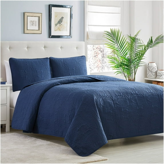 Mellanni Bedspread Coverlet Set Navy - Reversible Bedding Cover - Oversized Quilt Set, 2 Piece, Twin / Twin XL, Navy