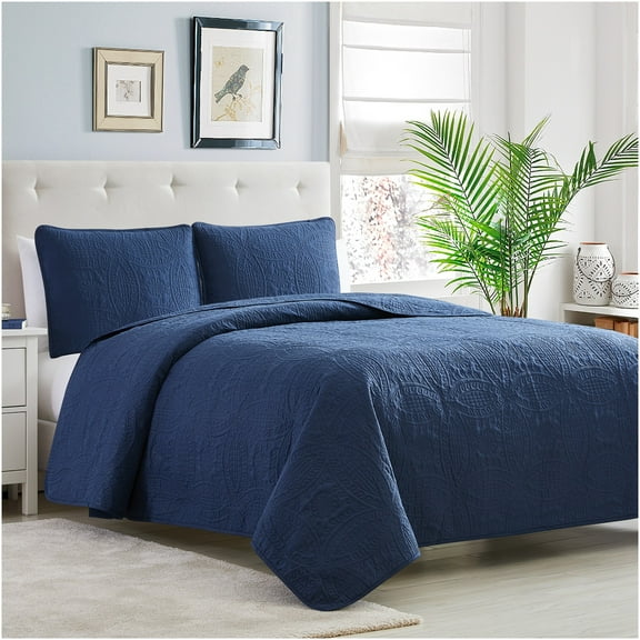 Mellanni Bedspread Coverlet Set Navy - Reversible Bedding Cover - Oversized Quilt Set, 3 Piece, King / Cal King, Navy
