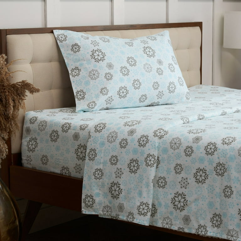 Mellanni Cotton Flannel 3 Piece Sheet Set Lightweight Deep Pocket Bed Sheets Twin Blue and Gray Snowflakes Walmart
