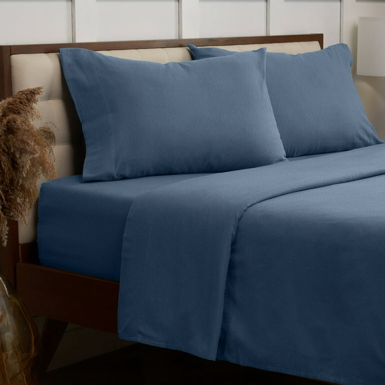 Mellanni Cotton Flannel 4 Piece Sheet Set, Lightweight Deep Pocket Bed Sheets, Queen, Blue