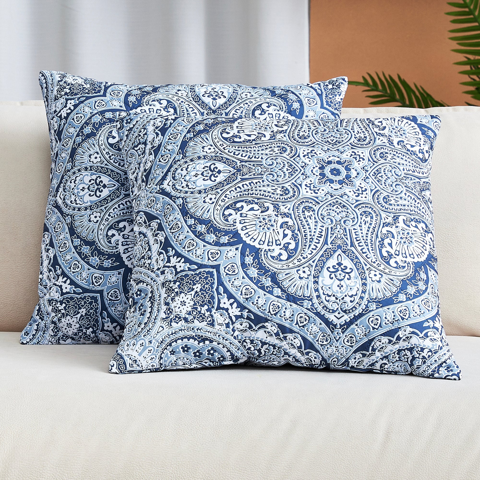 Medallion Blue Quilted Microfiber Throw Pillow Covers, 16x16, Set of 2