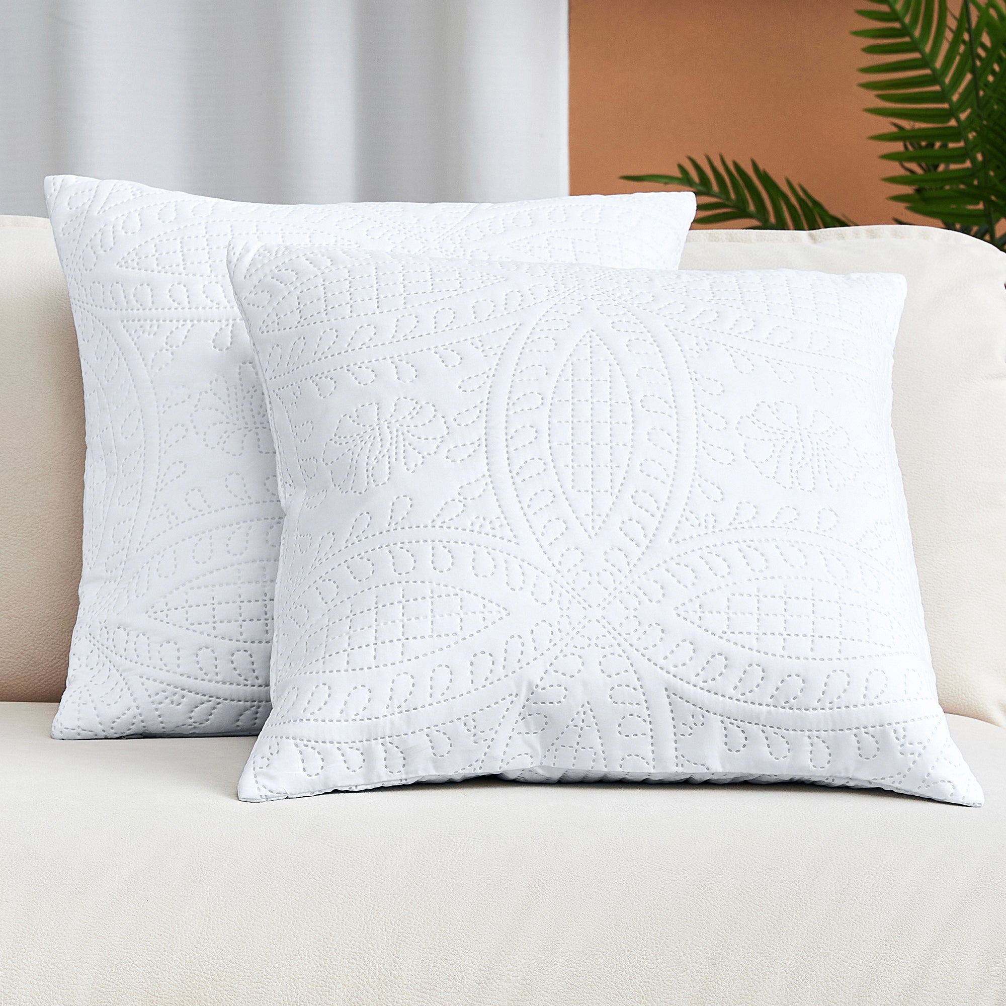 White Quilted Microfiber 16x16 Decorative Throw Pillow Covers, Set of 2