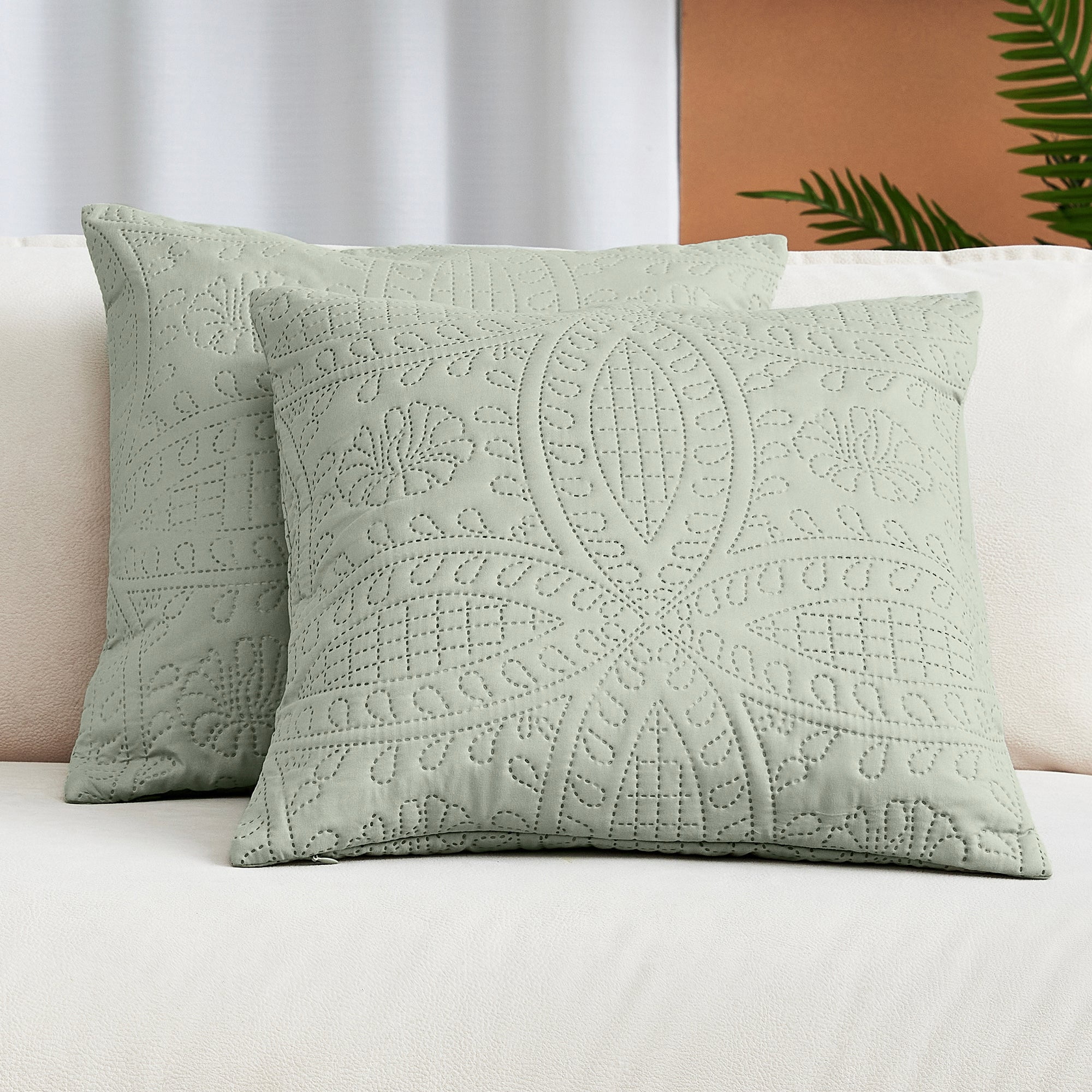 Olive Green Quilted Microfiber Decorative Throw Pillow Covers, 16" x 16", Set of 2
