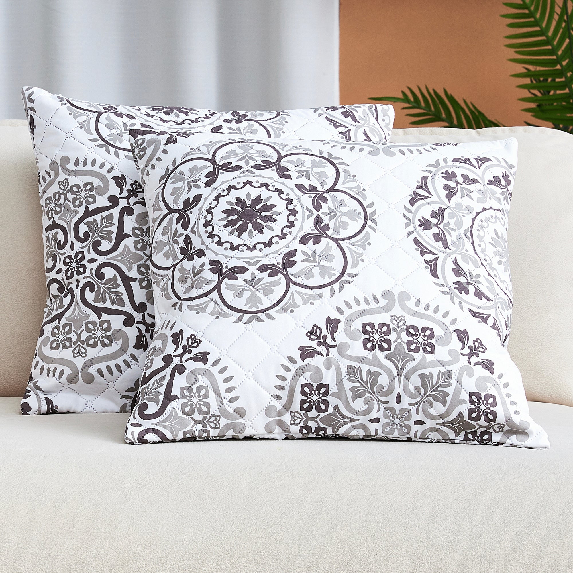 Rosette Gray Microfiber 18" x 18" Decorative Pillow Covers with Quilted Pattern