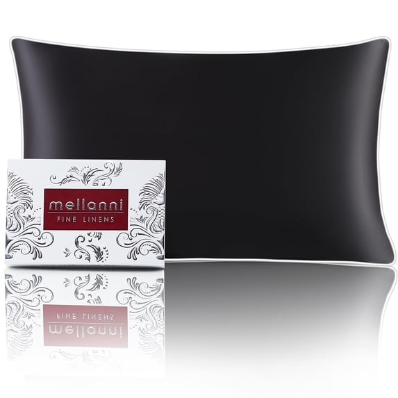 Mellanni Mulberry Silk Collection 19 Momme Black w/ White Piping Silk Pillowcase, Standard
