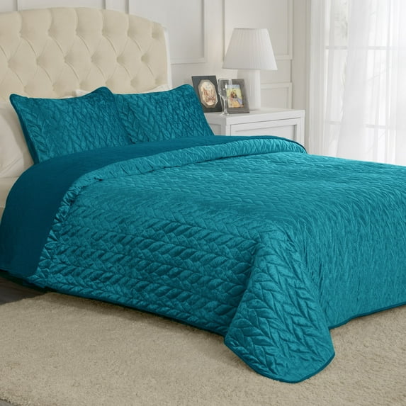 Mellanni Oversized Velvet Bedspread Coverlet Set, Reversible Brushed Microfiber Pinsonic Quilt Set, 3 Piece, King / Cal King, Teal