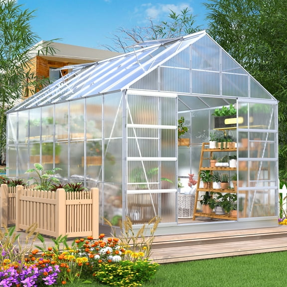 Mellcom 10' x 16' Walk-in Hobby Greenhouse, Outdoor Sliver Aluminum Frame Polycarbonate Green House with Adjustable Roof Vent