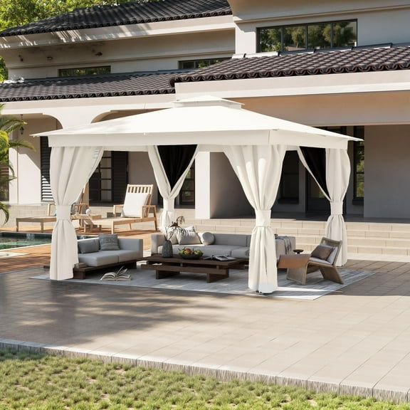 Mellcom 10'x13' Outdoor Patio Gazebo with Mosquito Netting,Double Roofs Metal Frame Canopy Gazebo with Privacy Curtains for Backyard,Deck,Garden,Kahaki
