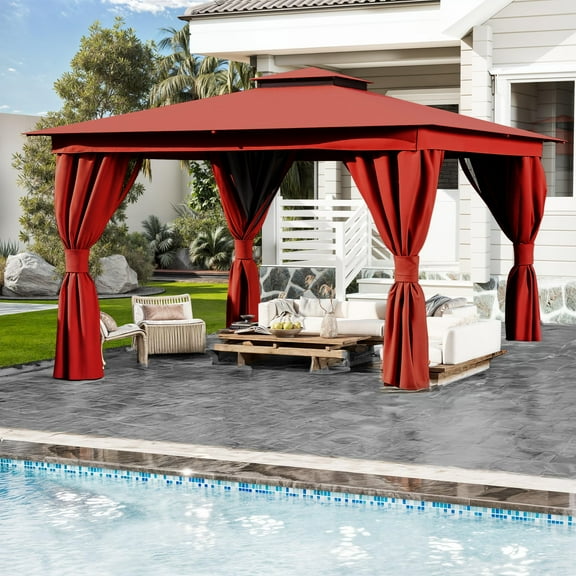 Mellcom 10'x13' Outdoor Patio Gazebo with Mosquito Netting,Double Roofs Metal Frame Canopy Gazebo with Privacy Curtains for Backyard,Deck,Garden,Wine Red