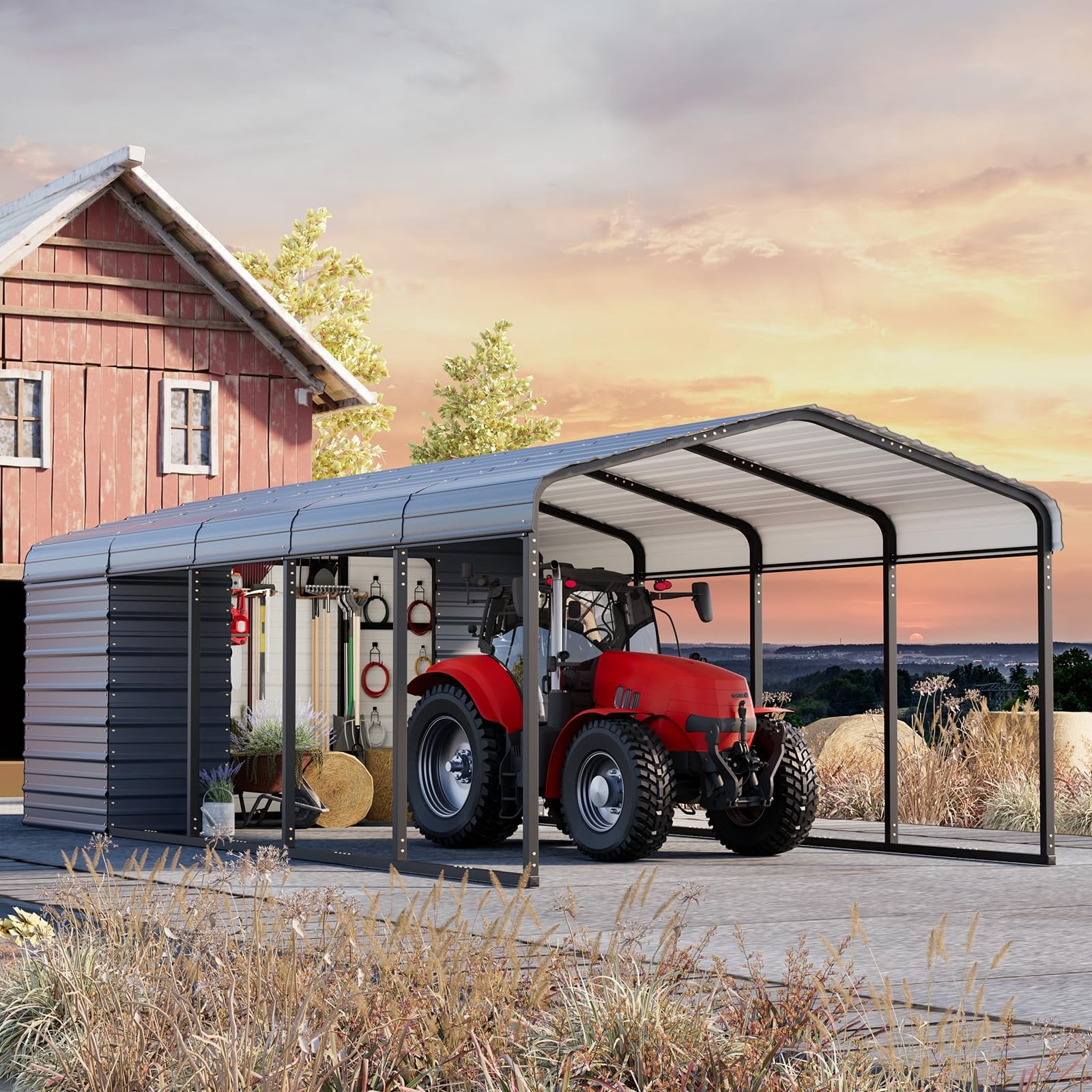 Mellcom 12'x25' Outdoor Meatl Carport Garage 2-in-1, Heavy Duty Carport with Galvanized Metal Frame, Enclosed Storage Shelter for Trucks, Cars，SUVS& All Vehicles, Gray