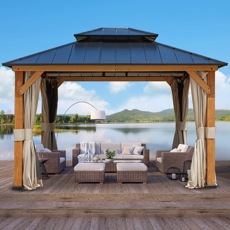 Mellcom 13' x 11' Solid Wood Gazebo, Outdoor Hardtop Gazebo with Curtains and Mosquito Netting, for Patio, Garden, Backyard Multi-color