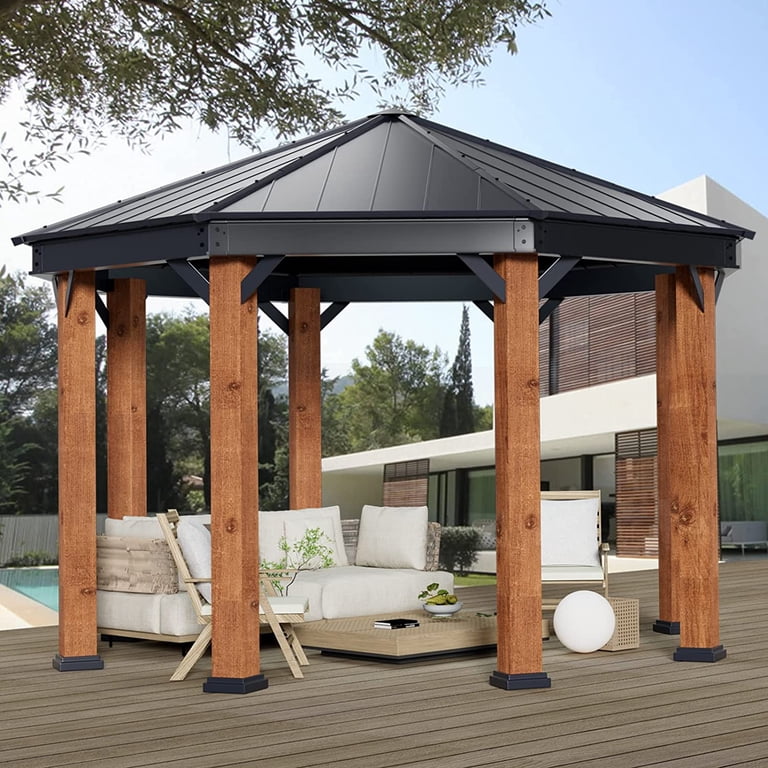 OSG　マルーン Mellcom 15'x15' Hardtop Gazebo, Aluminum Octagon Patio Set, Wood