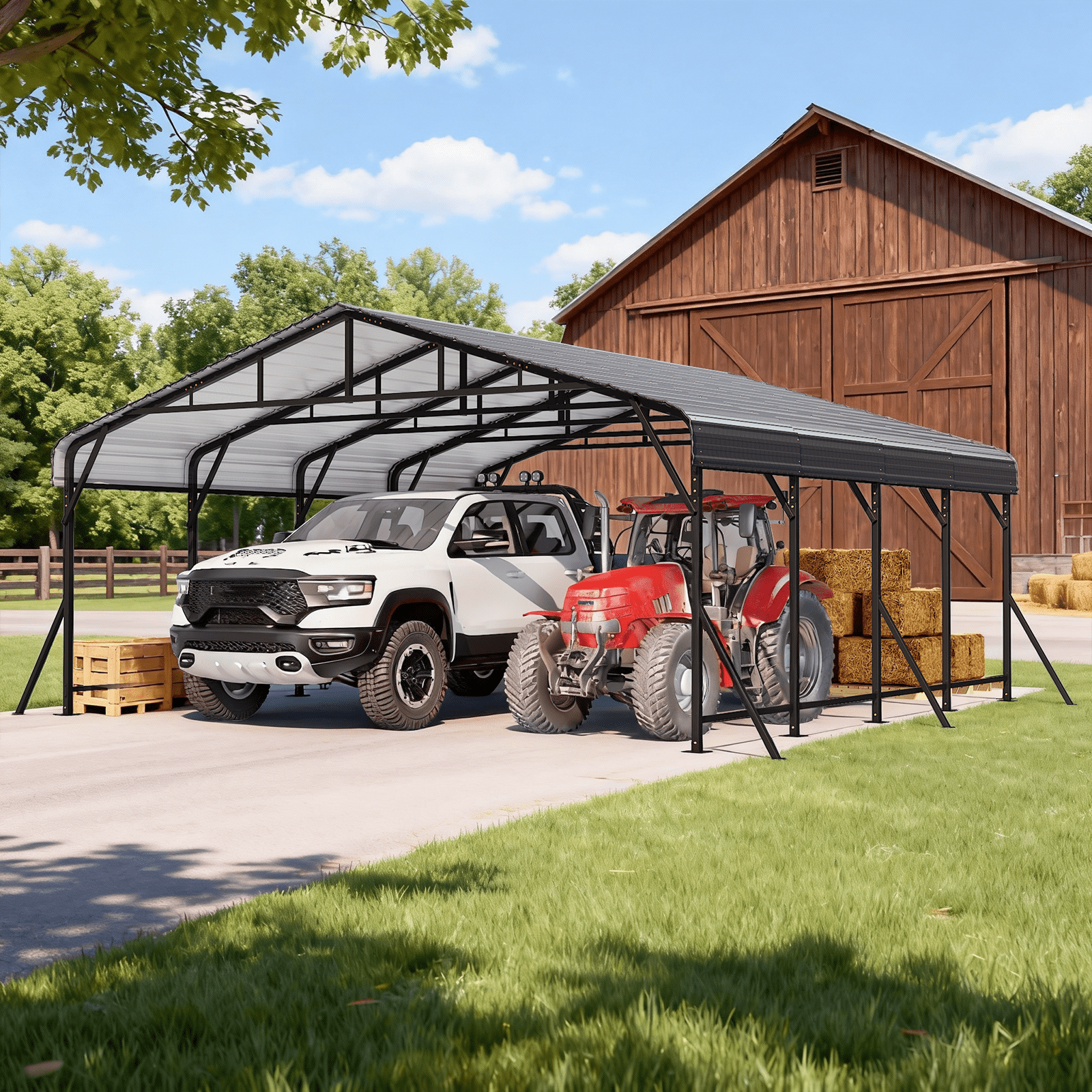 Mellcom 20x20ft Heavy Duty Carport, Steel Carport with Galvanized Steel Roof and Frame, Portable Garage for 2 Cars, Rv, Tractors and Boat, Gray