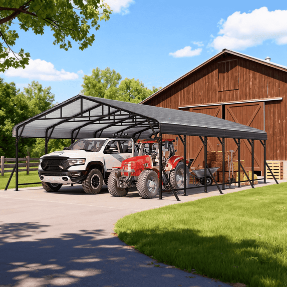 Mellcom 20x30ft Heavy Duty Carport, Steel Carport with Galvanized Steel Roof and Frame, Portable Garage for 3 Cars, Rv, Tractors and Boat, Gray
