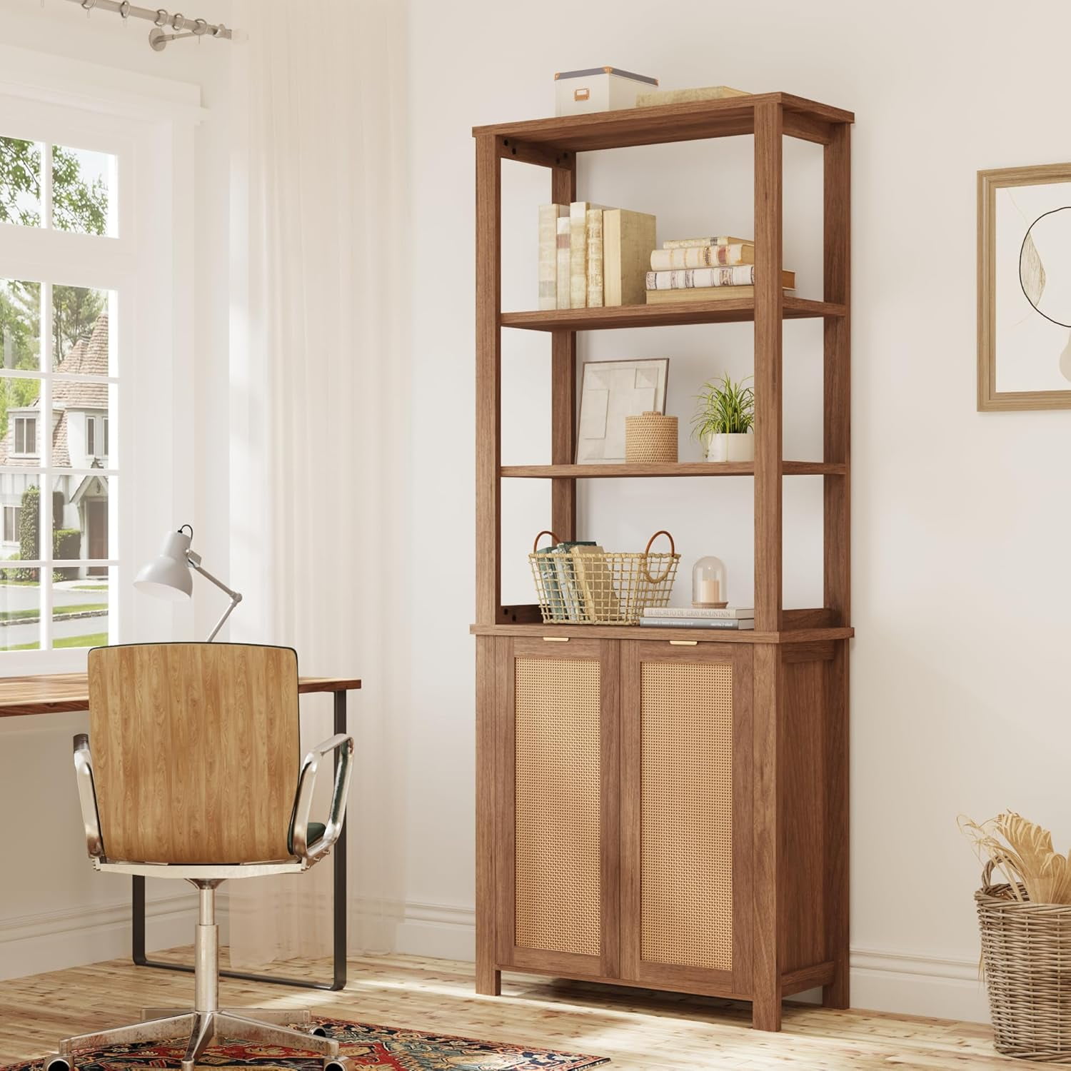 Mellcom 6 Tier Rattan Bookcase, Wooden Bookshelf, Doors Storage Cabinet ...