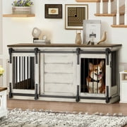 Mellcom 62.5" Dog Crate Furniture, Wooden Dog Kennel TV Cabinet with Sliding Door