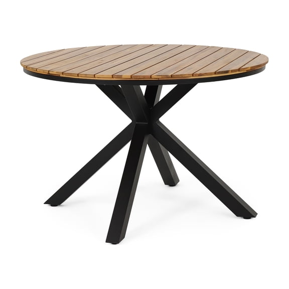 Mellie Outdoor Acacia Wood Circular Dining Table, Teak and Black