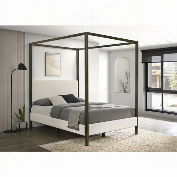 Soft Vanilla Fabric Upholstered Mellie Queen Canopy Bed and Its Dramatic Four-Post Bronze Frame