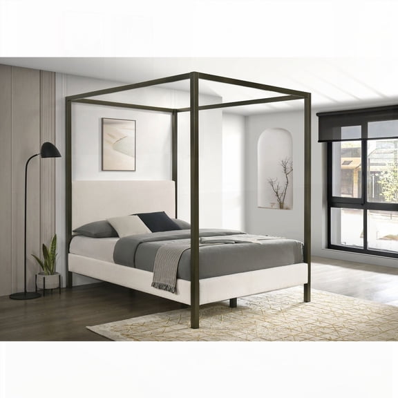 Queen Size Upholstered Bed Frame with Vanilla Fabric and Bronze Finish for Bedroom