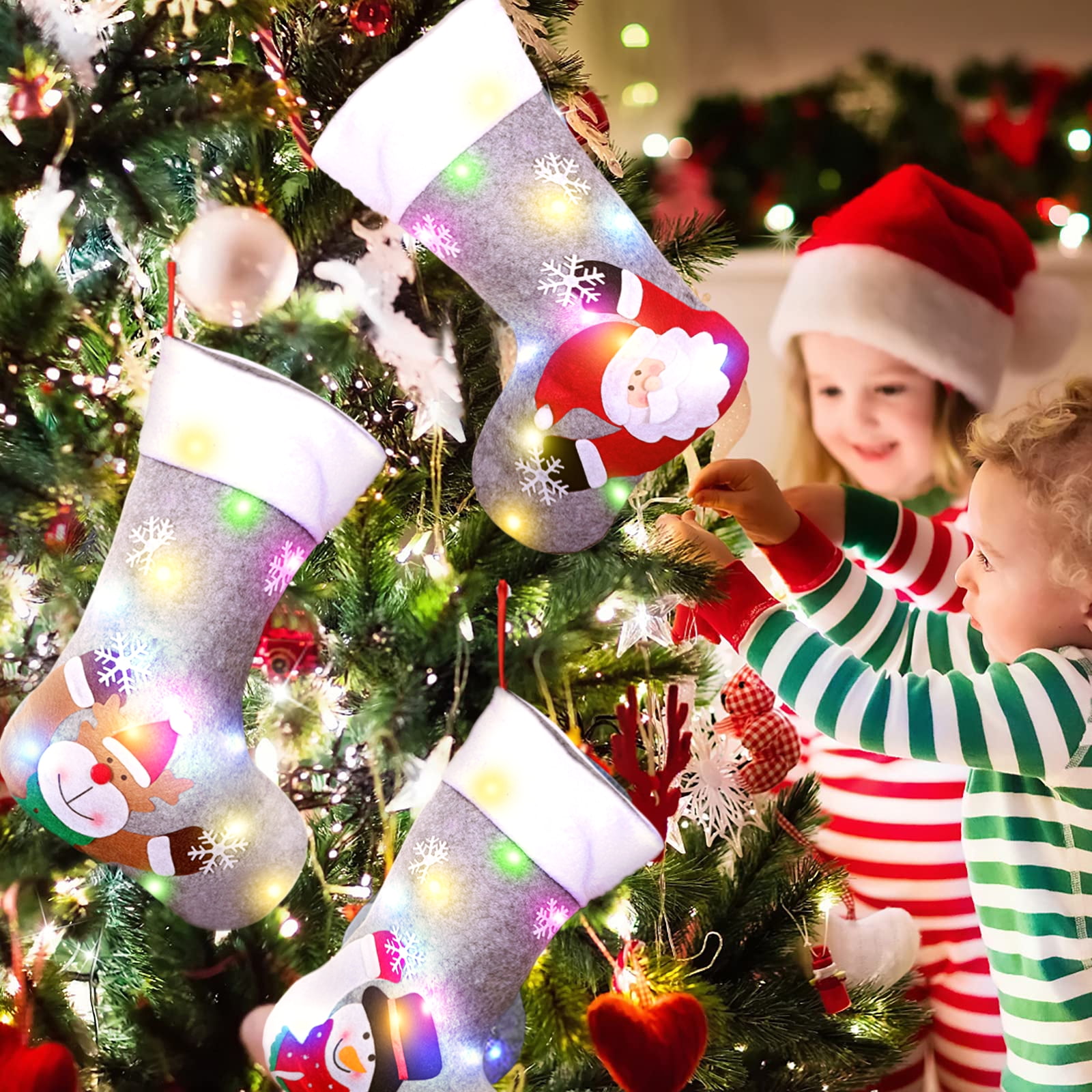 Melliful 3pcs Christmas Stockings with LED Lights, 12" Kids Gift Socks