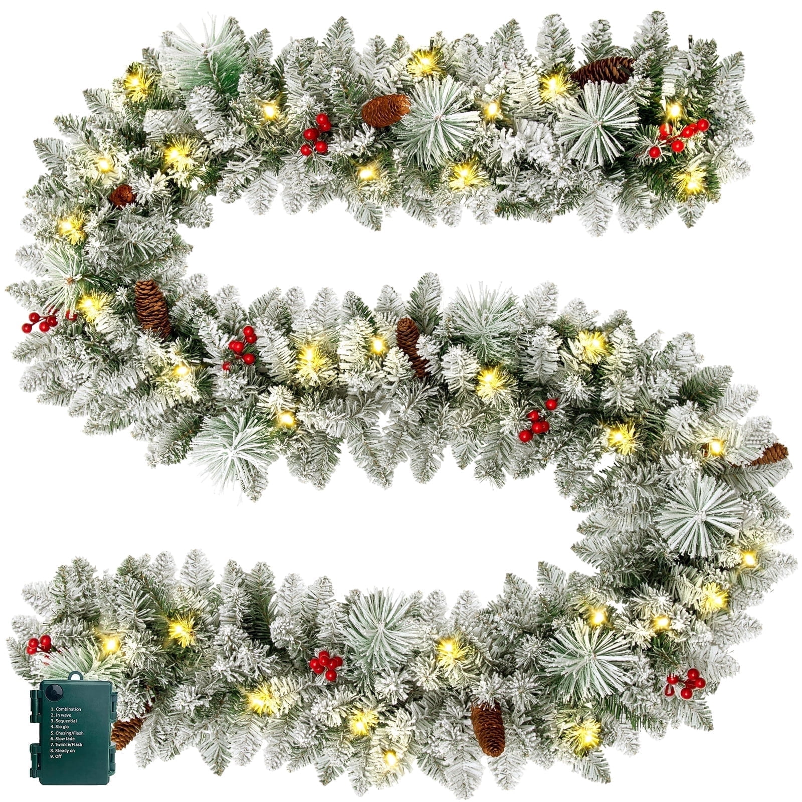 9FT Pre-Lit Christmas Garland with LED Lights, Snow Flocked Xmas Garland for Outdoor Indoor Xmas Decoration Home Fireplace Front Stairs Railing Decor, Battery Operated
