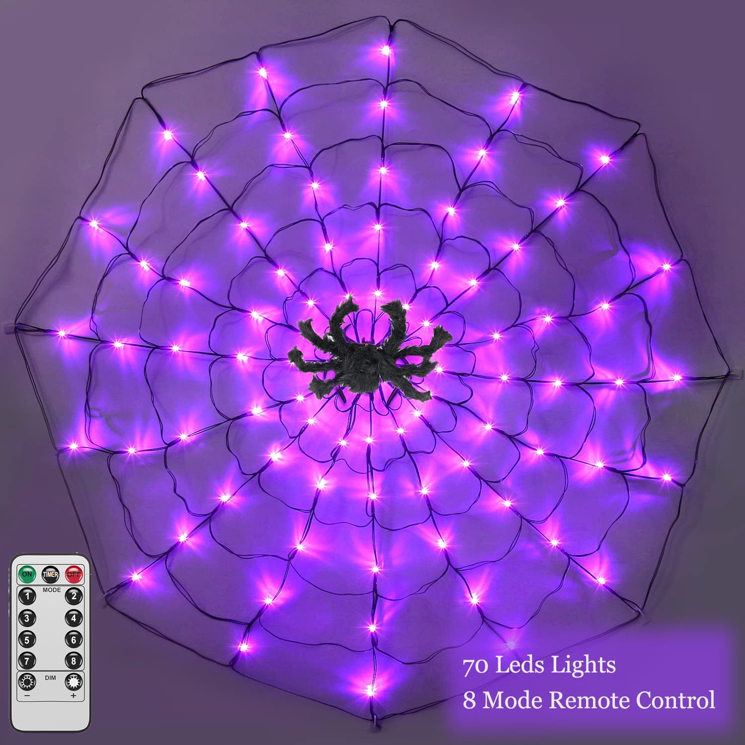 Melliful Halloween Spider Web Light with Black Spider, Purple 3.93 FT 8  Mode 70 LED Spider Web Lights Battery Operated, Suitable for Party, Yard,  