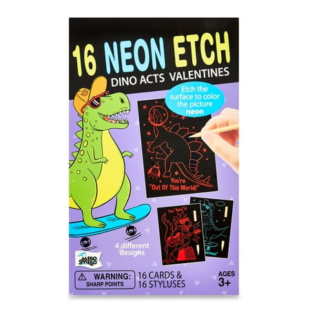 Mello Smello Valentine's Day Neon Etch Dino Acts Valentines Kiddie Cards, 16CT