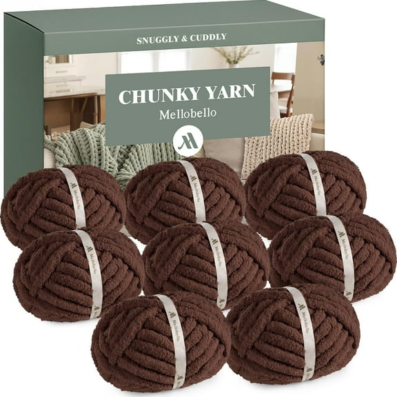 Mellobello Jumbo Chunky Yarn for Hand Knitting - Super Thick Chenille Chunky Yarn for Crocheting - Extra Soft Bulky Fluffy Blanket Big Yarn 8 Jumbo Pack (27yds,8 oz Each Skein) Dark Brown