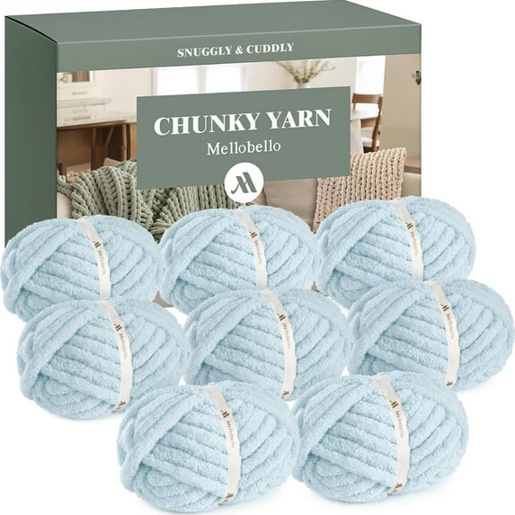 Mellobello Jumbo Chunky Yarn for Hand Knitting - Super Thick Chenille Chunky Yarn for Crocheting - Extra Soft Bulky Fluffy Blanket Big Yarn 8 Jumbo Pack (27yds,8 oz Each Skein) Sky Blue