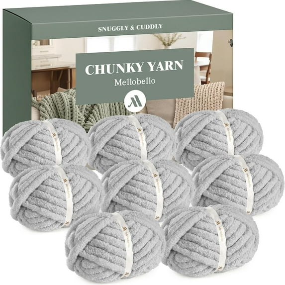 Mellobello Jumbo Chunky Yarn for Hand Knitting - Super Thick Chenille Chunky Yarn for Crocheting - Extra Soft Bulky Fluffy Blanket Big Yarn 8 Jumbo Pack (27yds,8 oz Each Skein) Ash Grey