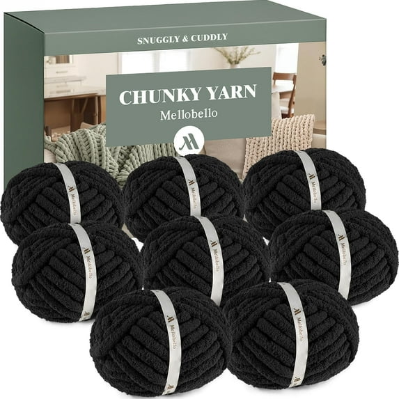 Mellobello Jumbo Chunky Yarn for Hand Knitting - Super Thick Chenille Chunky Yarn for Crocheting - Extra Soft Bulky Fluffy Blanket Big Yarn 8 Jumbo Pack (27yds,8 oz Each Skein) Black