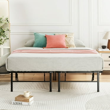 Mellow 14 Inch Quickbase Foldable Metal Platform Bed Frame, Wood Slats, Black, Full