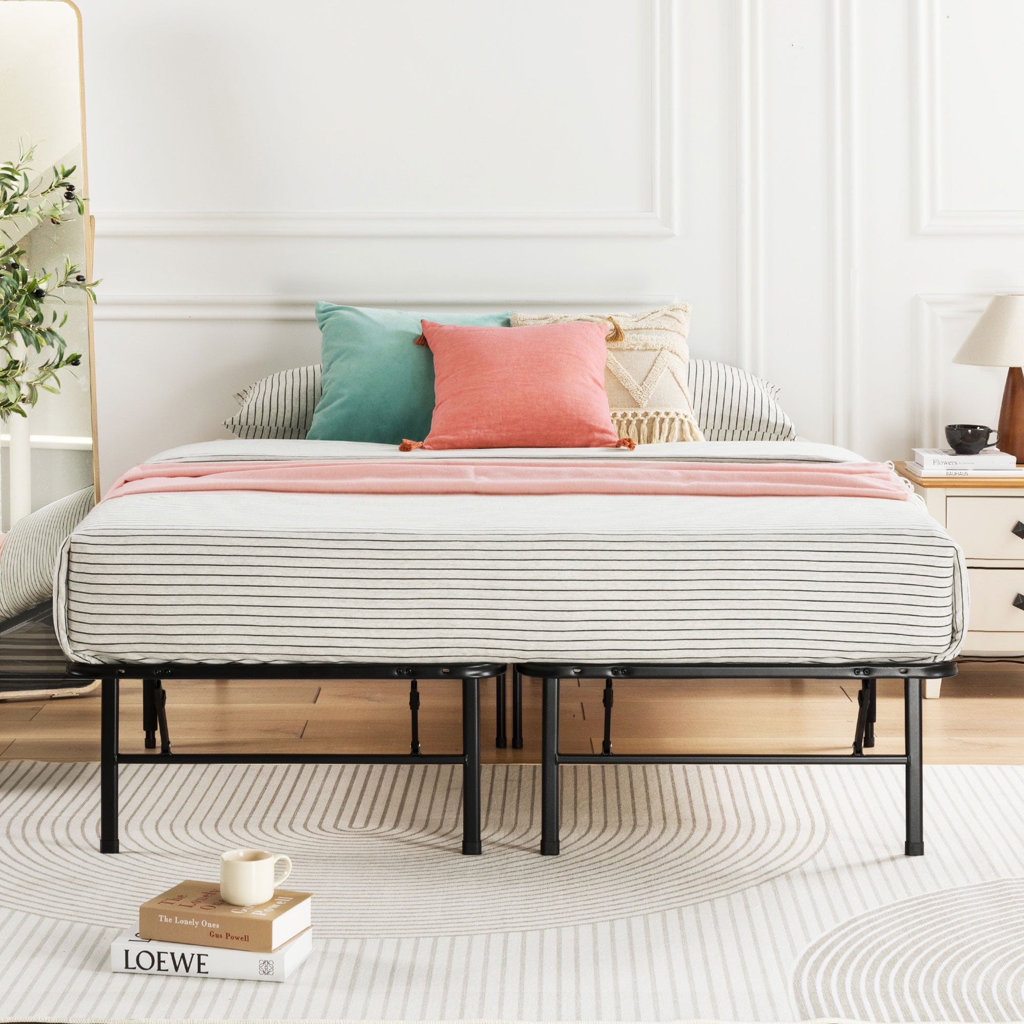 Mellow 14 Inch Quickbase Foldable Metal Platform Bed Frame, Wood Slats, Black, Queen