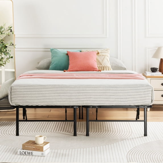 Mellow 14 Inch Quickbase Foldable Metal Platform Bed Frame, Wood Slats, Black, Queen