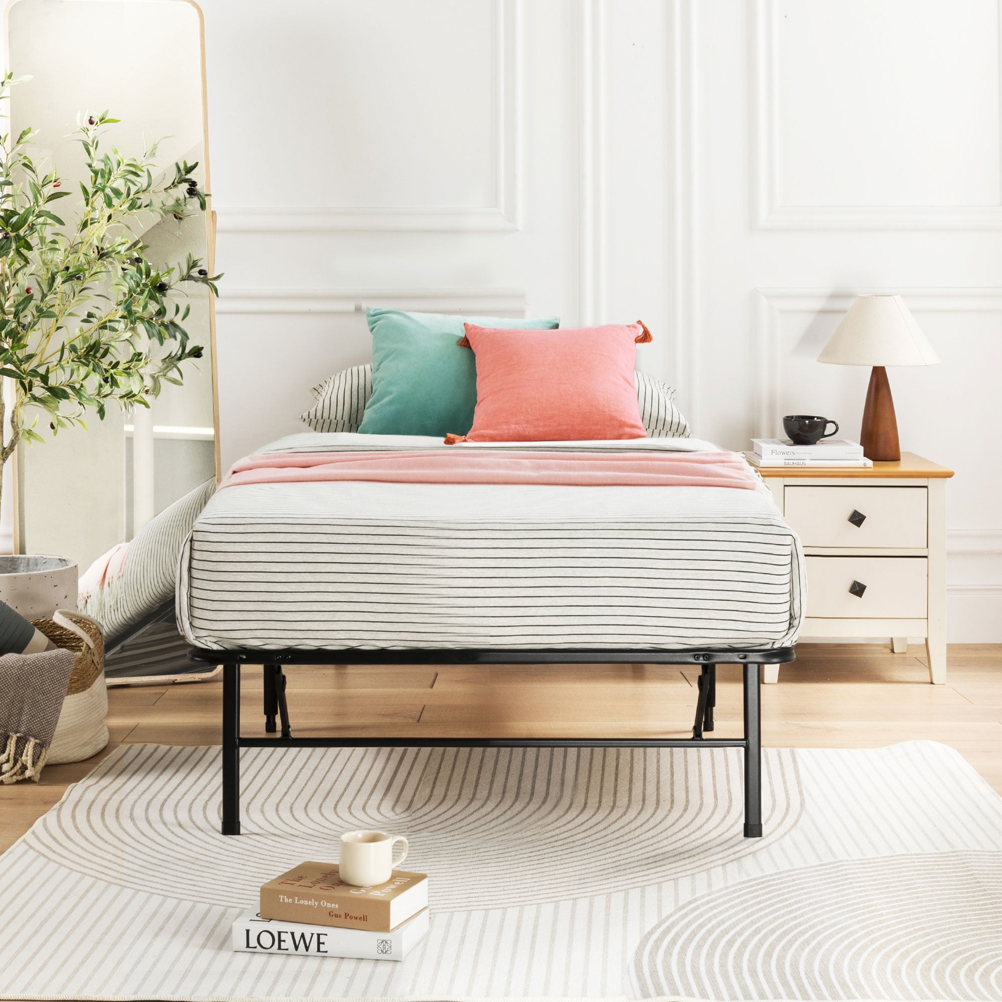 Mellow 14 Inch Quickbase Foldable Metal Platform Bed Frame, Wood Slats, Black, Twin