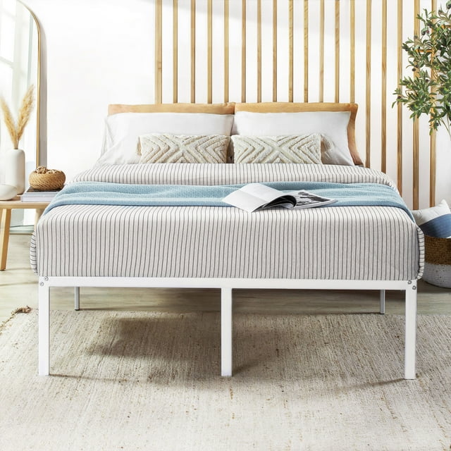 Mellow 16" Metal Platform Bed Frame with Heavy Duty Steel Slats, White, Full