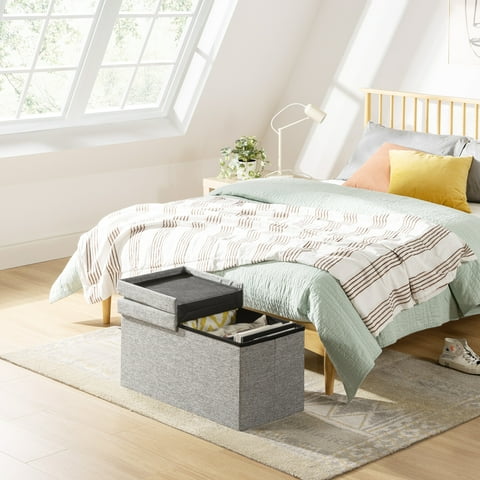 Mellow 30" Smart Lift Top Button Fabric Collapsible Storage Ottoman, Light Grey