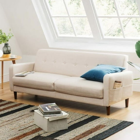 Mellow Adair Mid-Century Modern Sofa with Armrest Pockets, Tufted Linen Fabric, Ivory Fabric