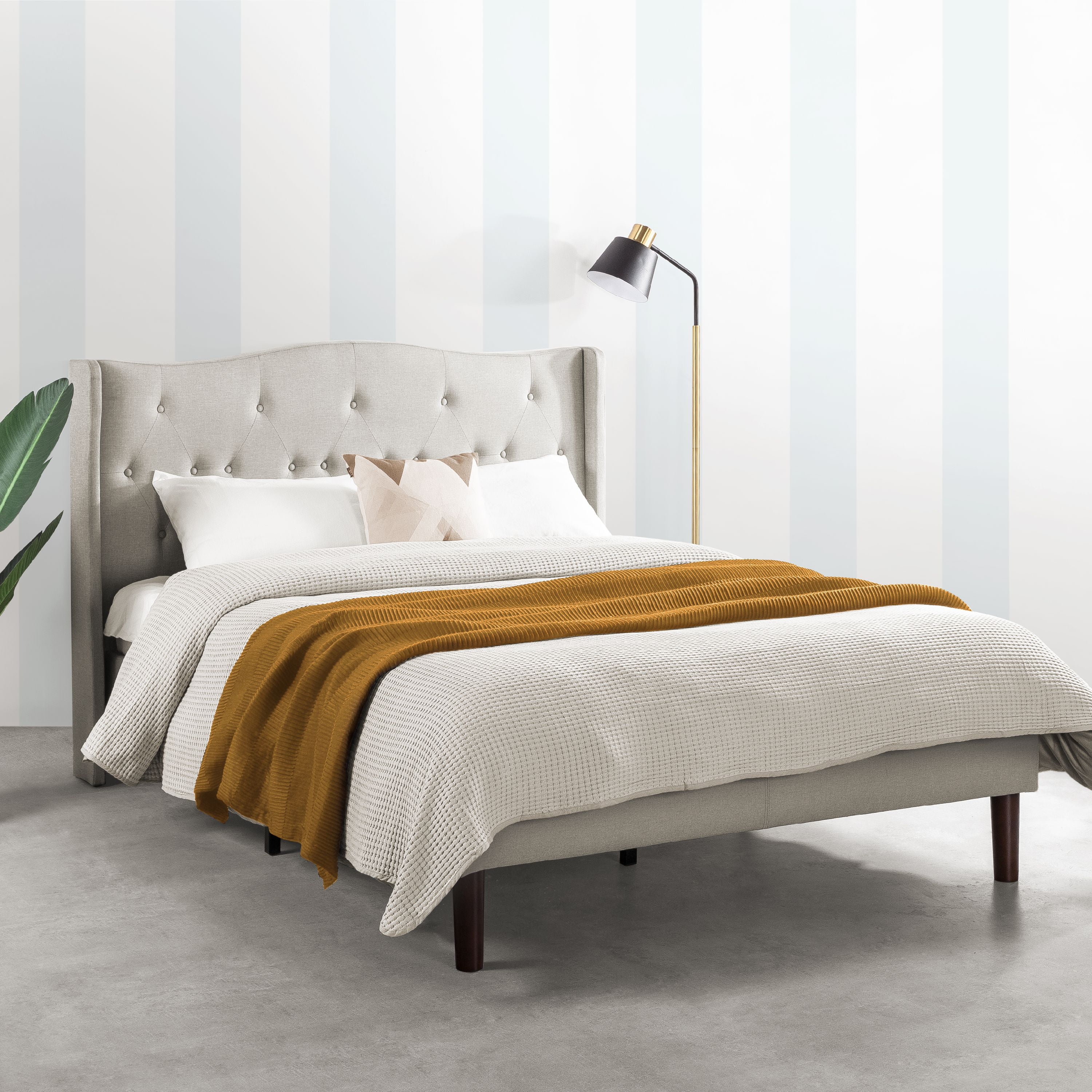Mellow Amabel Upholstered Platform Bed with Wingback Headboard, Light Grey, Queen