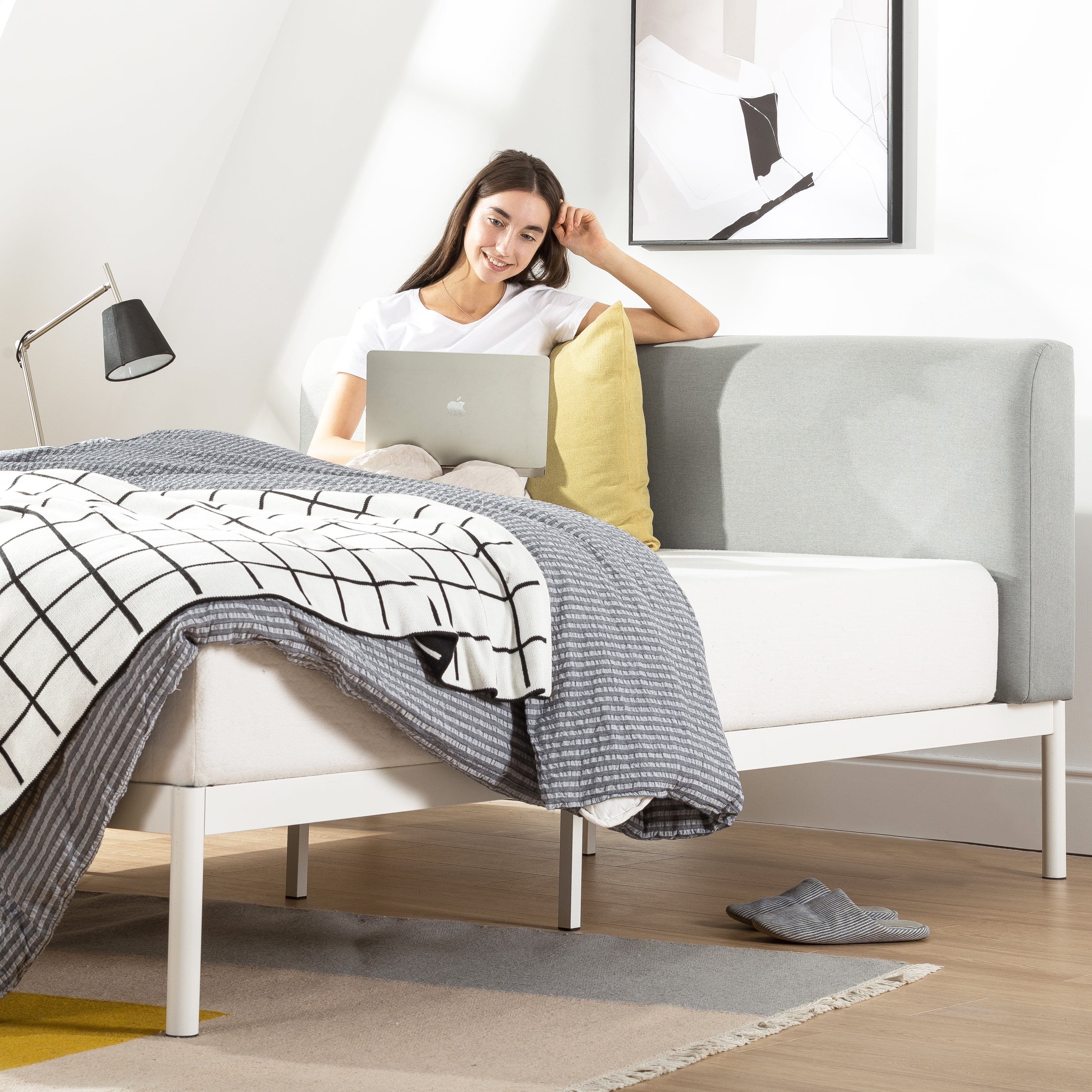 Mellow BREE Metal Platform Bed with Curved Upholstered Headboard, Steel Slats, Easy Assembly, Sky Grey, Queen
